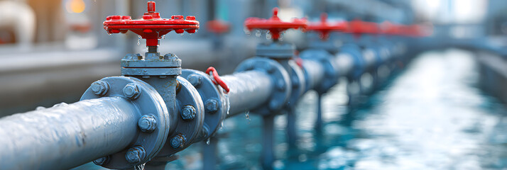 Industrial water pipeline system with valves and drops on pipes. Urban water quality management and city sewer infrastructure concept.