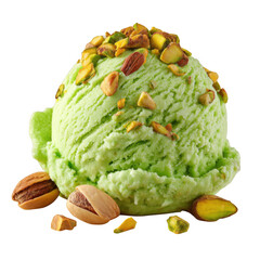 Delicious pistachio ice cream scoop topped with nuts isolated on transparent background
