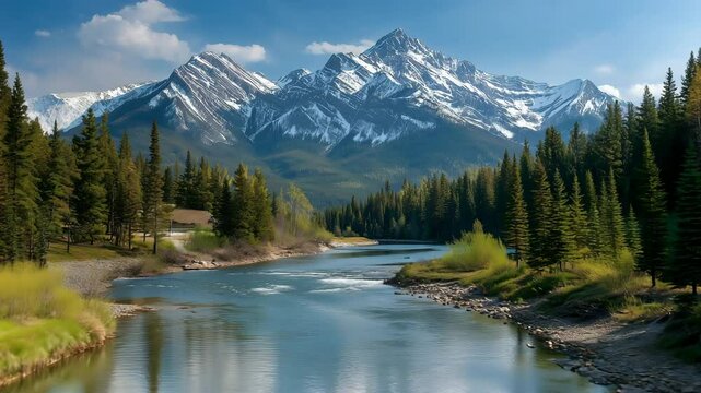 A beautiful mountain river flowing through a pine forest with majestic peaks in the background.