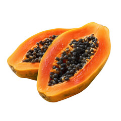 Bright orange papaya halves with black seeds isolated on transparent background