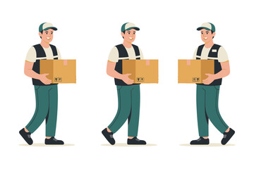 Courier team with packages, delivery service, shipping boxes, logistics staff, modern vector illustration, transportation concept