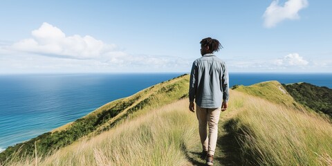 Young african male walking on mountain path overlooking ocean and greenery