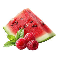 Fresh watermelon slice with raspberries and mint leaves isolated on transparent background
