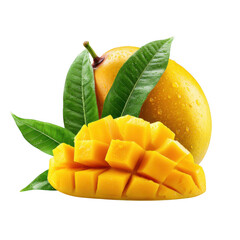 Juicy ripe mango slices and whole fruit with green leaves isolated on transparent background