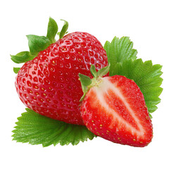 Fresh ripe strawberries with green leaves isolated on transparent background