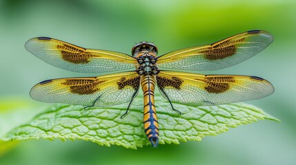 Close-up of a dragonfly with vibrant yellow and brown patterned wings resting on a green leaf