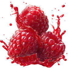 Three ripe raspberries splashing in vibrant red juice isolated on transparent background