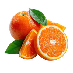 Fresh oranges and slices with green leaves isolated on transparent background