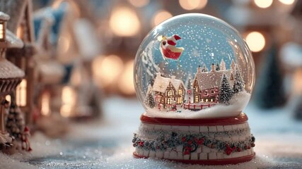  Magical Christmas snow globe featuring a cozy village with Santa's sleigh flying overhead, surrounded by twinkling lights and snowy bokeh background - Powered by Adobe