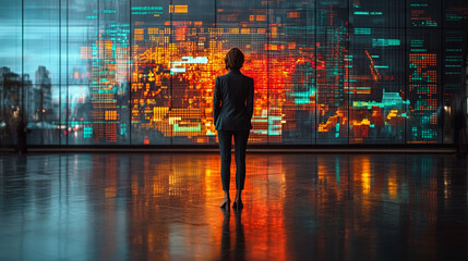 Woman contemplates city data wall; futuristic office
