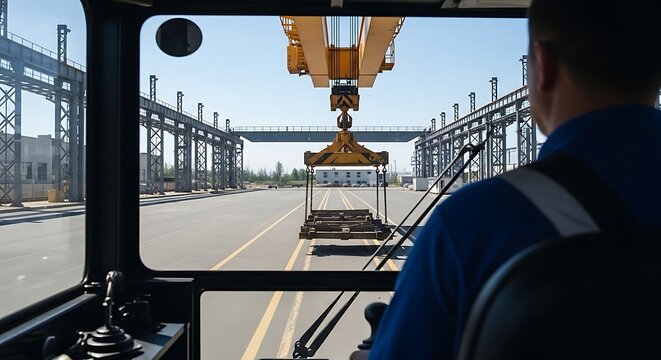 An overhead crane operator, inside the control cabin, moving a heavy load in an open industrial yard. 