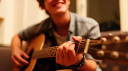 Obraz premium Candid shot of person playing acoustic guitar, showcasing joyful expression while strumming instrument. warm atmosphere highlights passion for music and creativity
