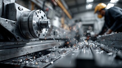 Fototapeta premium A machining worker, wearing a face shield, operating a lathe in a clean and well-lit workshop. Shiny metal chips on the floor around the machine. 