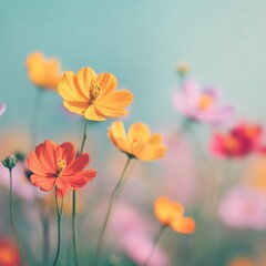 Blurred photography of blooming flowers in nature soft focus closeup with vibrant colors