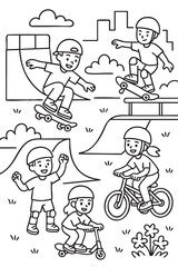 Black and white line drawing of children using skateboards scooters and bicycles in a skatepark with ramps and city buildings in the background. Fun urban scene for coloring and learning activities 