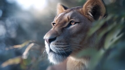 Fototapeta premium Majestic lioness gazing thoughtfully amidst lush foliage, showcasing her powerful presence and serene beauty in natural habitat. soft light enhances her striking features and captivating eyes