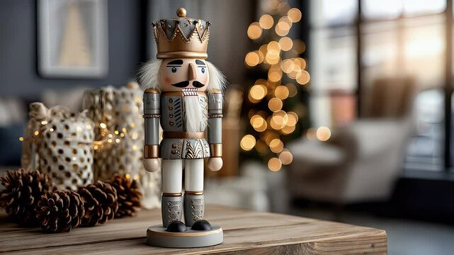 Elegant christmas nutcracker figurine on wooden surface