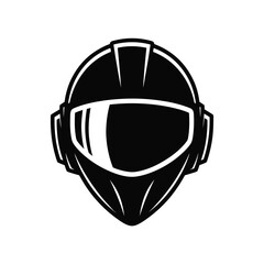 Black and white illustration of a futuristic motorcycle helmet with a reflective visor