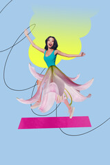 Trendy 3d poster image photo collage of happy glamour girl wear lily flower skirt spring season...