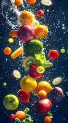 Colorful fruits in mid-air with water splashes.