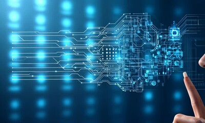 A young Caucasian woman with brown hair touches her lips with a finger. Digital circuits and data patterns overlay her face, symbolizing technology and innovation. - Powered by Adobe