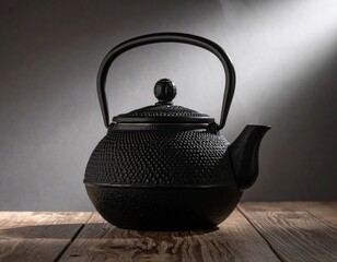 Black Cast Iron Teapot on Wooden Surface