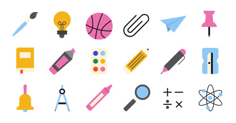 set of colourful icons of school and education supplies. stationery office supply. back to school vector collection