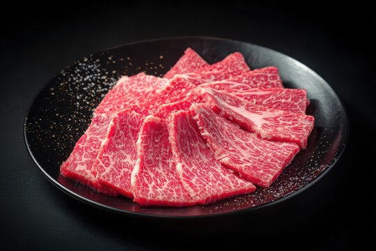 High quality Japanese wagyu beef arranged on a plate for grilling against a black backdrop