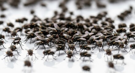 Swarm of Flies Gathering on a Surface in Macro Photography