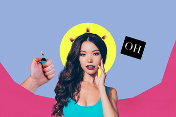Image poster trend collage of minded girl guy stand hand hold flicker light deadline pressure...