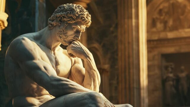 A marble statue depicts a man lost in thought, showcasing the artistry of ancient craftsmanship within a museum environment