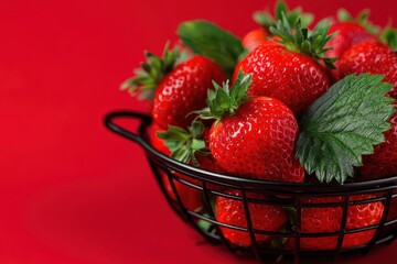 Juicy strawberries with leaves in a black basket against a red backdrop