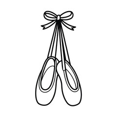 Elegant black and white outline illustration of ballet slippers tied with a bow