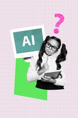 Poster image artwork pop collage of minded schoolgirl hold notepad pencil question mark prompt...