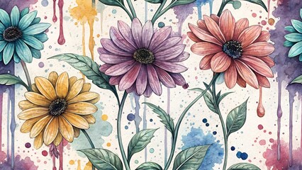 Vibrant Watercolor Floral Arrangement with Splattered Paint Accents new 2025 trendy seamless digital pattern