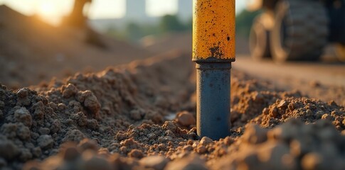 Sturdy Steel Safety Pile Driven Deep into Ground, Providing Robust Soil Stabilization for Construction and Infrastructure Projects