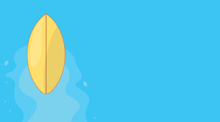 Minimal vector-style illustration of a yellow surfboard floating on calm blue water. Designed as a versatile background for summer, travel, beach, and surfing-themed content