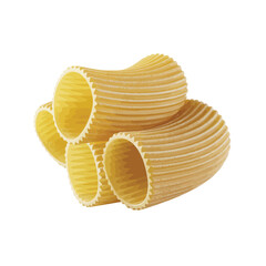 Close up of ribbed rigatoni pasta tubes against a white background
