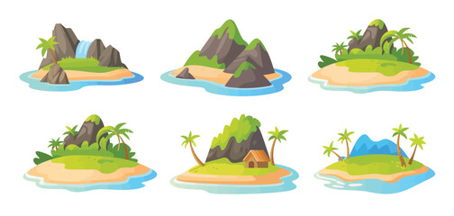 Naklejka premium Collection of six tropical island landscapes with palm trees and mountains
