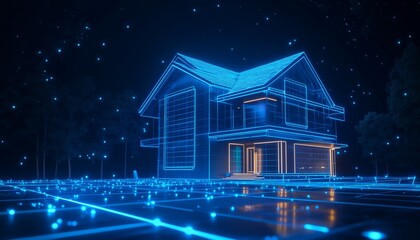 Futuristic Smart Home with Glowing Blue Neon Lights and AI Digital Network at Night

