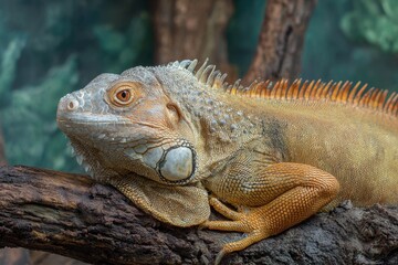 Large green iguana perched on branch at the zoo