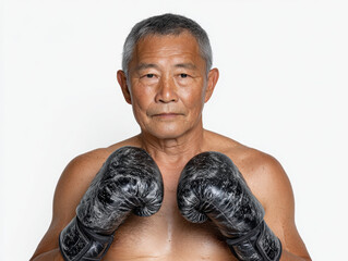 Elder Asian boxer holds gloves proud resilience