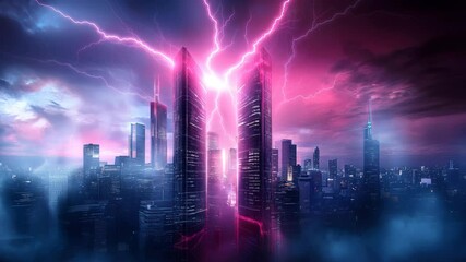 Futuristic city skyline with tall skyscrapers illuminated by neon pink and blue lights, dramatic lightning storm splitting night sky, vibrant urban building cityscape with glowing clouds - Powered by Adobe