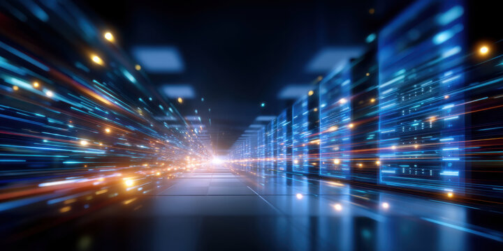 Digital data center with glowing blue server racks and fast light trails creating futuristic and dynamic atmosphere