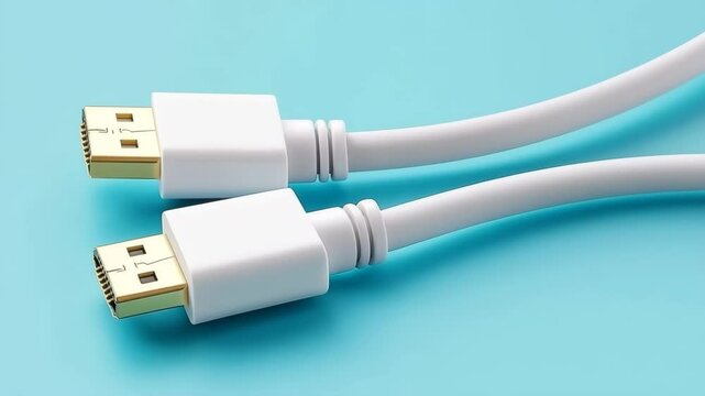 White HDMI cable with gold plated connector blue background, high speed digital video and audio transmission, modern technology accessory, clean minimal style, suitable for white HDMI cable connector
