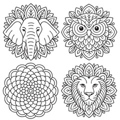 Intricate mandala designs featuring lion, elephant, owl and floral pattern. Great for mindful coloring. 