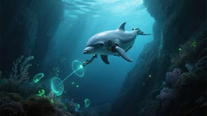 Obraz premium A futuristic dolphin equipped with robotic arms explores an underwater cave, interacting with holographic technology amidst marine life.
