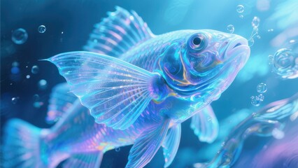 Fototapeta premium A vibrant, translucent blue fish swims gracefully underwater surrounded by bubbles, illuminated with iridescent light.