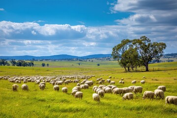 Obraz premium Australian rural landscape with sheep grazing on summer meadows in the Central West