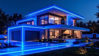 A Beautiful Futuristic Home Exterior at Night, glowing Light Trails, Blue color theme
